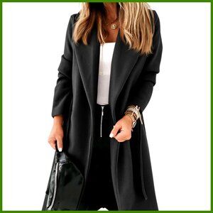 Classic Lapel Collar Open Front Belted Long Jacket
